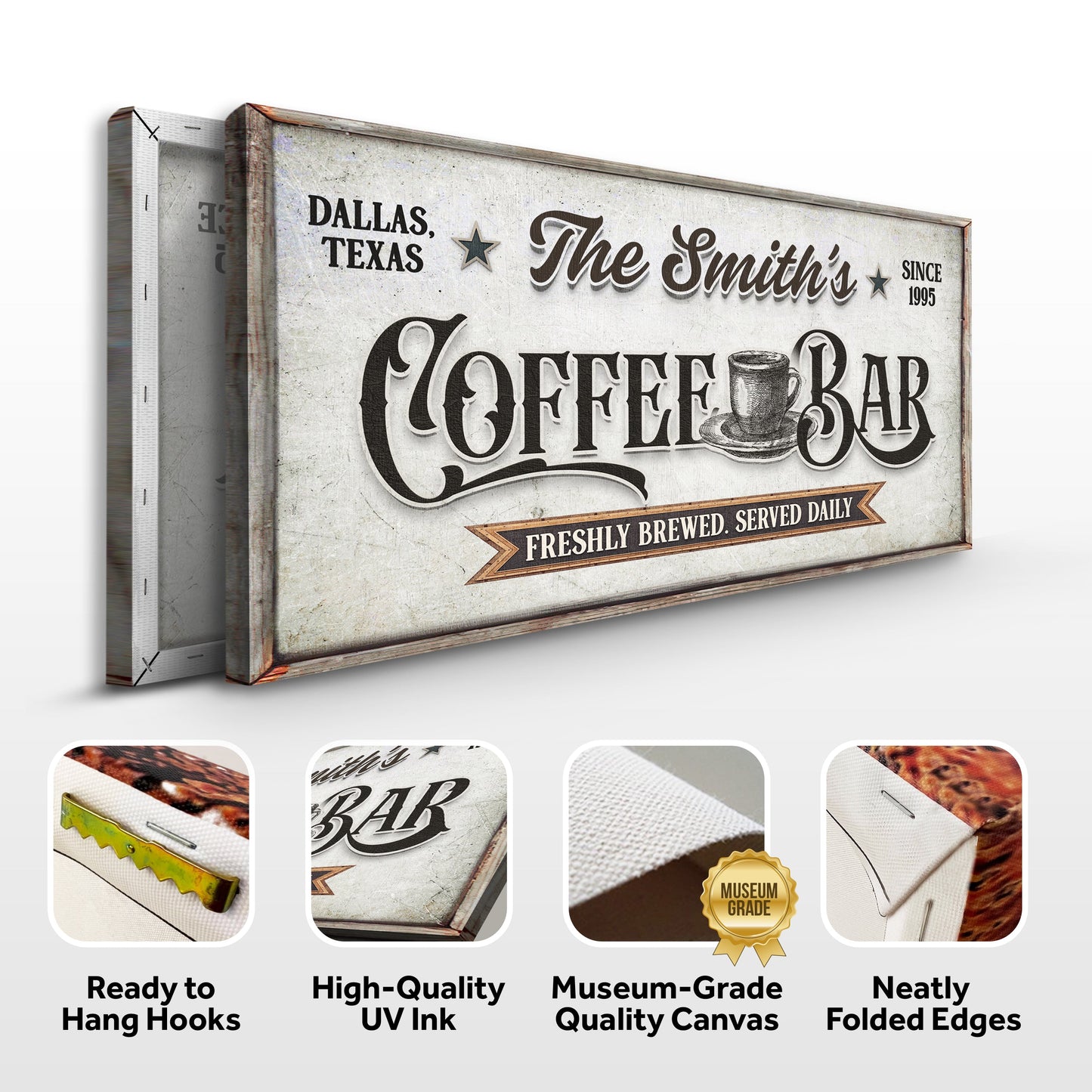 Coffee Bar Sign IX canvas by Tailored Canvases with vintage distressed typography on Tampa Home & Garden Store