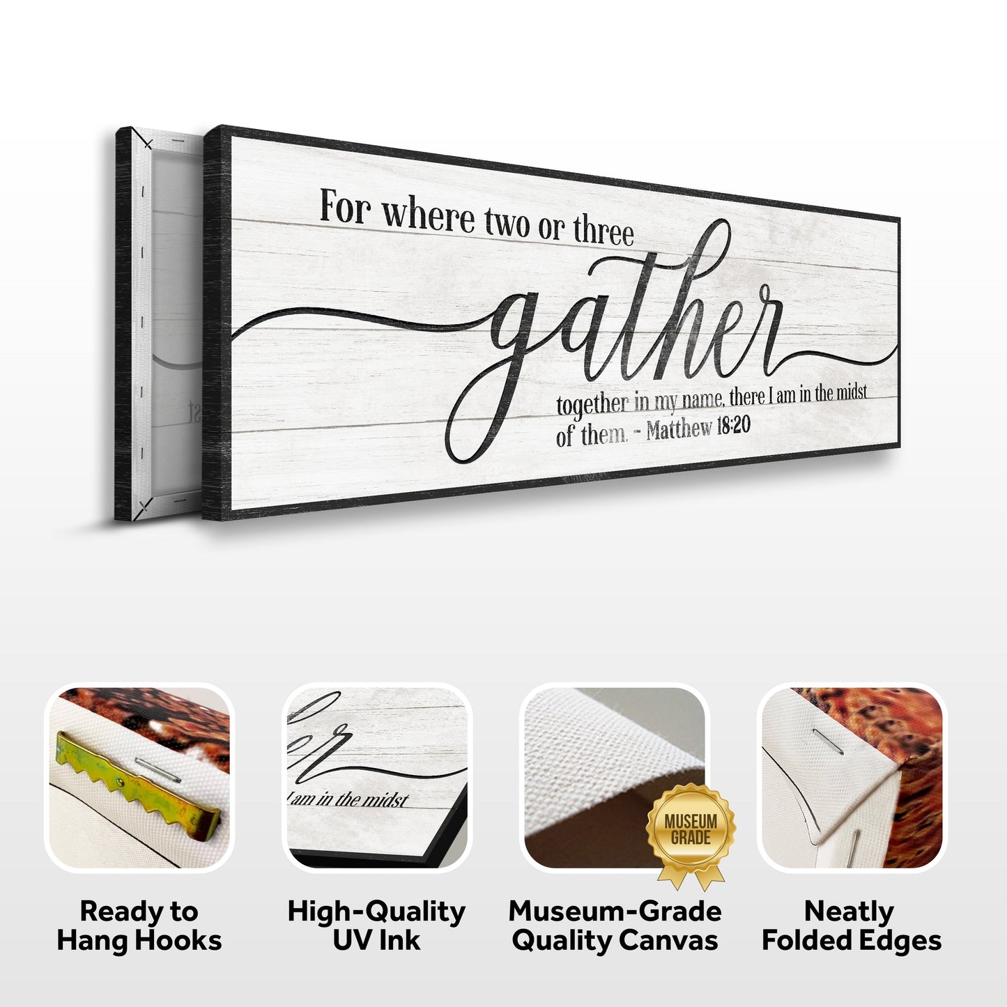 Gather Sign VI canvas by Tailored Canvases with whitewashed wood background and bold black script on Tampa Home & Garden Store