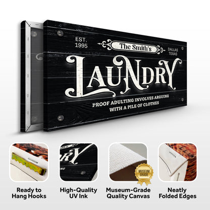 Laundry Room Sign VII canvas, black distressed wood with white lettering by Tailored Canvases on Tampa Home & Garden Store