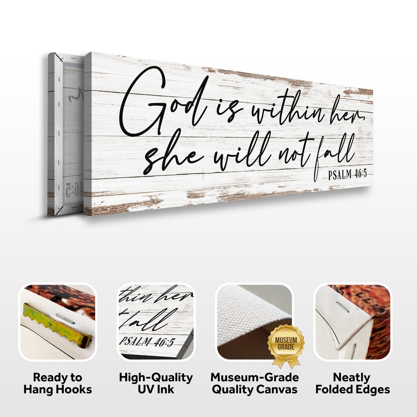 Canvas sign Tailored Canvases with whitewashed wood God Is Within Her Will Not Fall Psalm 46:5 on Tampa Home & Garden Store