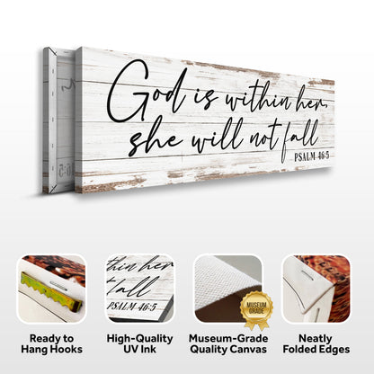 Canvas sign Tailored Canvases with whitewashed wood God Is Within Her Will Not Fall Psalm 46:5 on Tampa Home & Garden Store