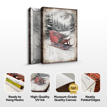 Vintage Christmas Sledge Wall Art canvas by Tailored Canvases, red sled in a snowy forest on Tampa Home & Garden Store