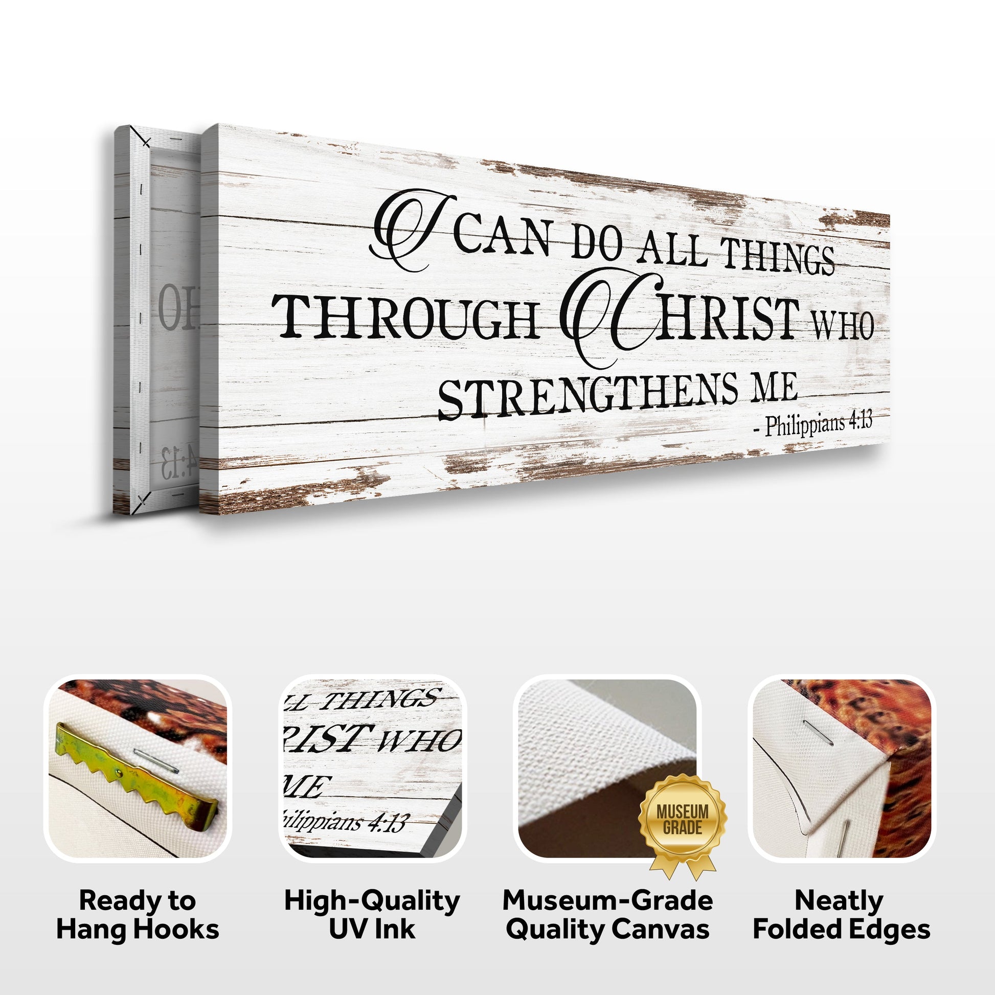 Canvas sign on whitewashed wood reads I Can Do All Things Through Christ Who Strengthens Me 4:13 Tailored Canvases on Tampa Home & Garden Store