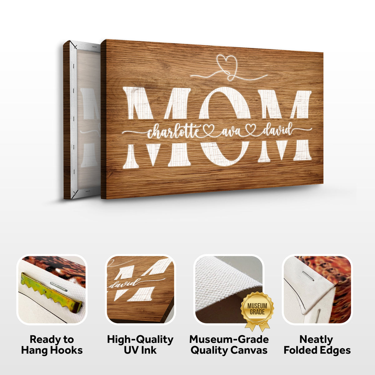 Mother's Day Wood Sign canvas by Tailored Canvases, wood grain with white MOM lettering on Tampa Home & Garden Store