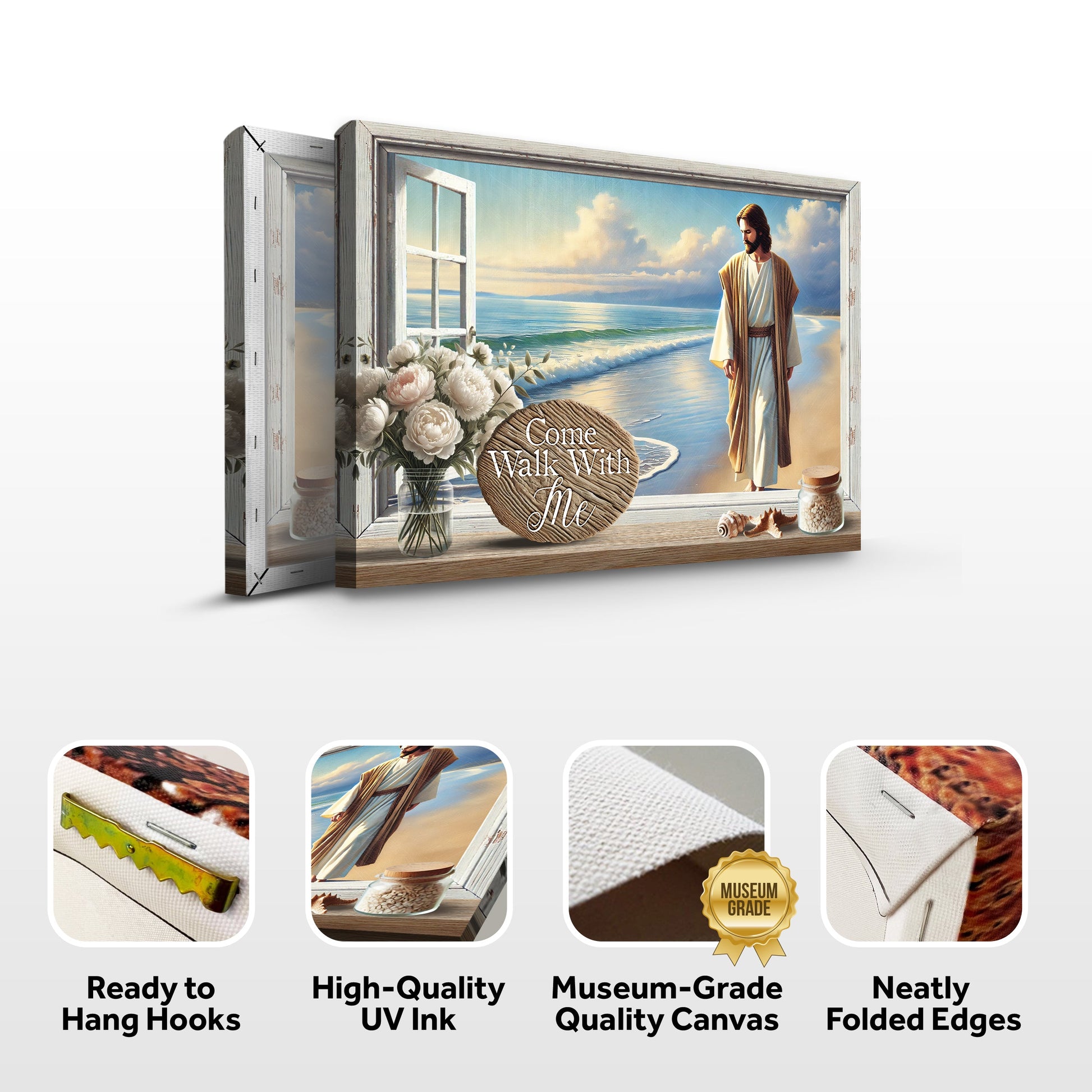 Come Walk With Me Faith Sign III canvas by Tailored Canvases, coastal scene with robed figure on Tampa Home & Garden Store