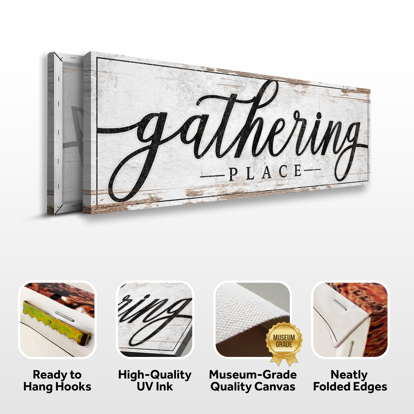 Canvas wall art Gathering Place kitchen sign white wood background and black script on Tampa Home & Garden Store