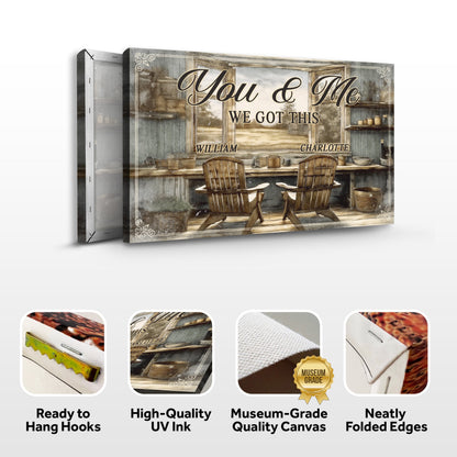 Farmhouse We Got This Couple Sign canvas with You & Me and William & Charlotte names on Tampa Home & Garden Store