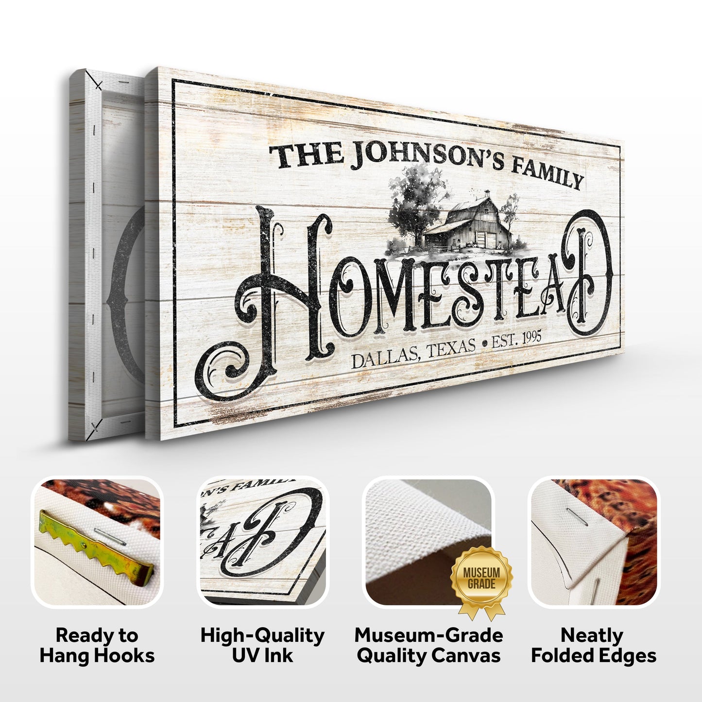 Canvas sign Vintage Farmhouse Homestead with Tailored Canvases Johnson's Family on rustic wood on Tampa Home & Garden Store