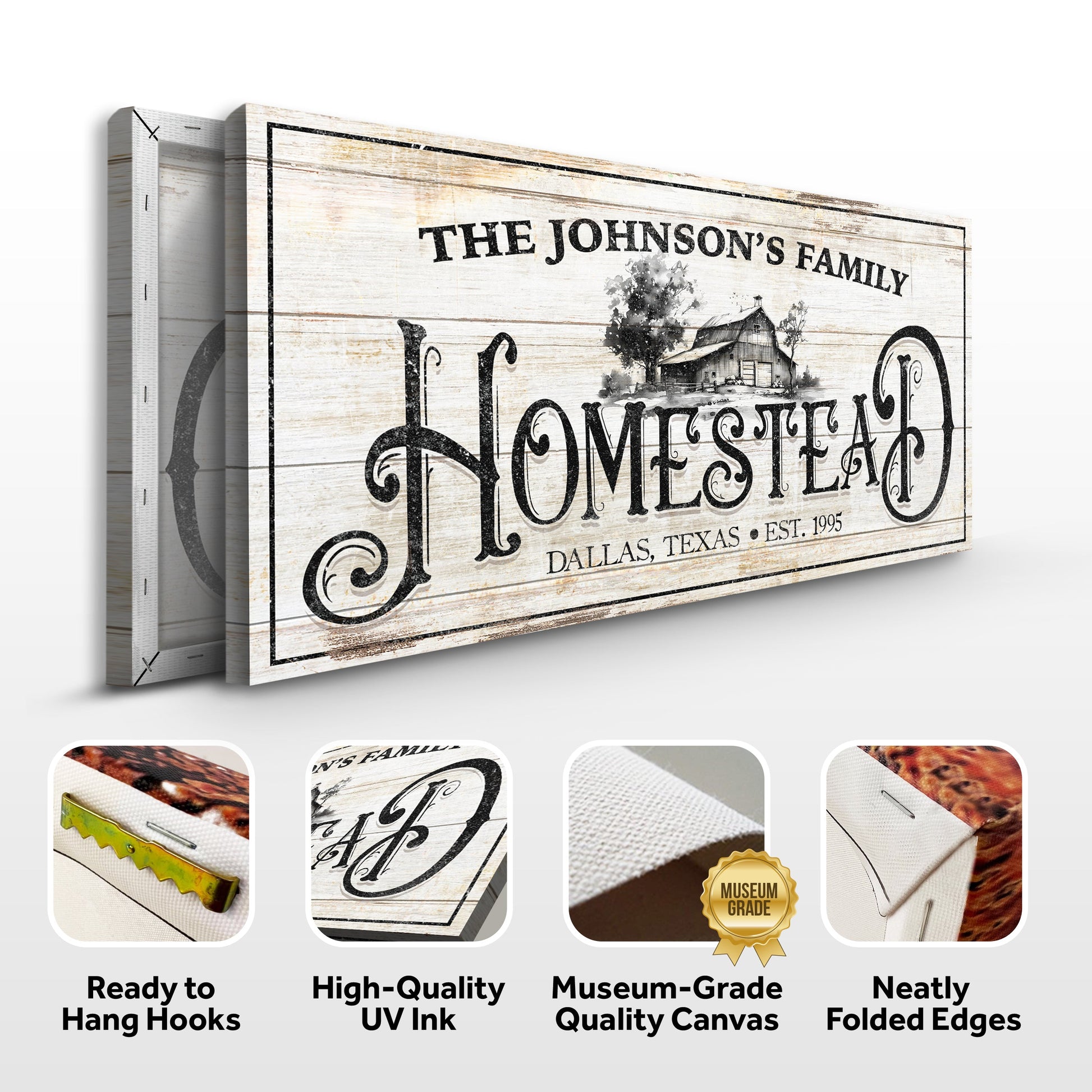 Canvas sign Vintage Farmhouse Homestead with Tailored Canvases Johnson's Family on rustic wood on Tampa Home & Garden Store