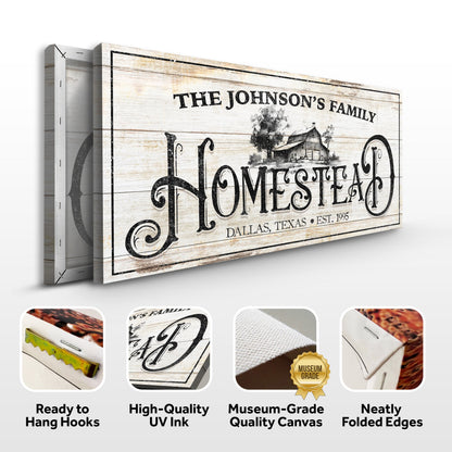Canvas sign Vintage Farmhouse Homestead with Tailored Canvases Johnson's Family on rustic wood on Tampa Home & Garden Store