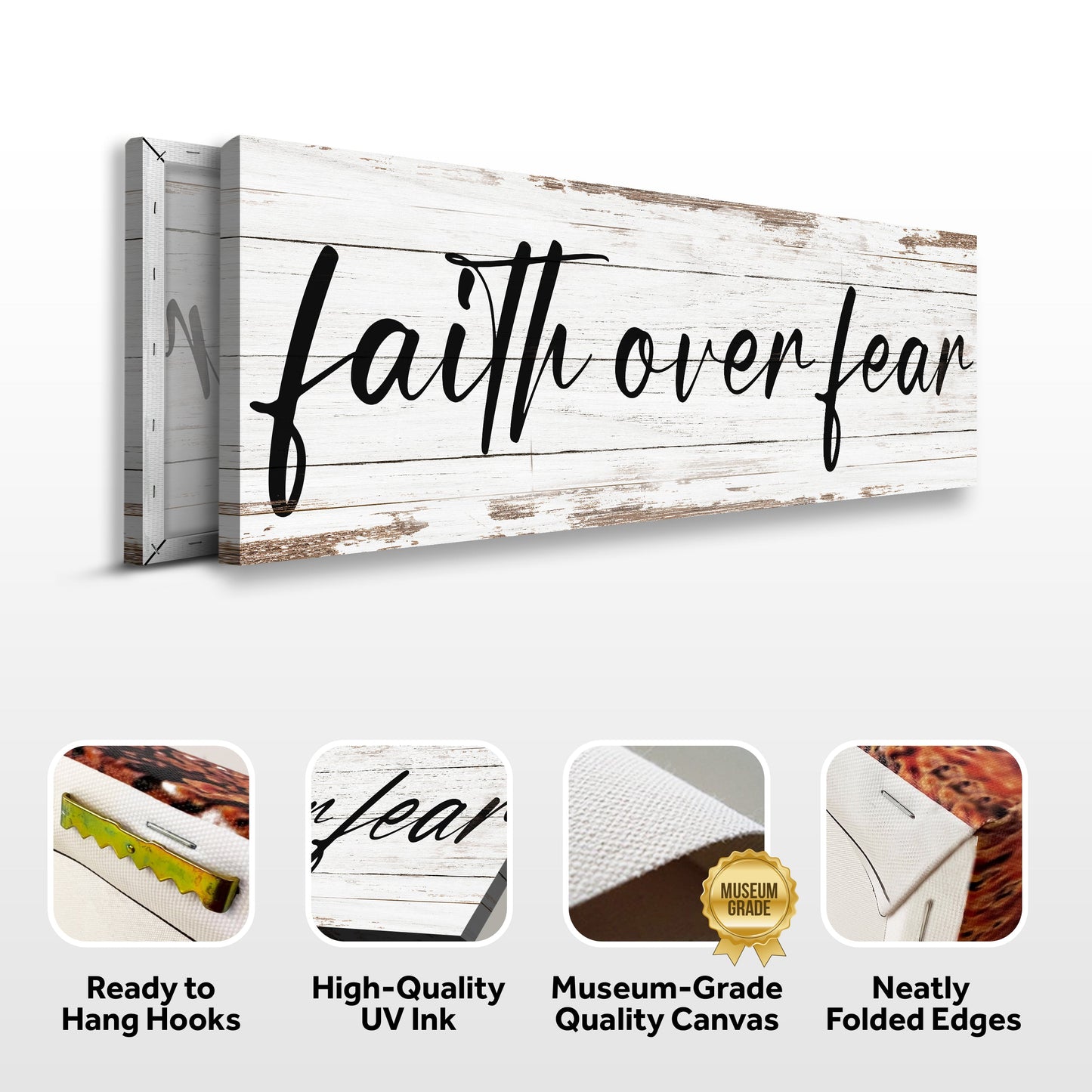 Faith Over Fear Faith Sign canvas by Tailored Canvases on rustic whitewashed wood background on Tampa Home & Garden Store