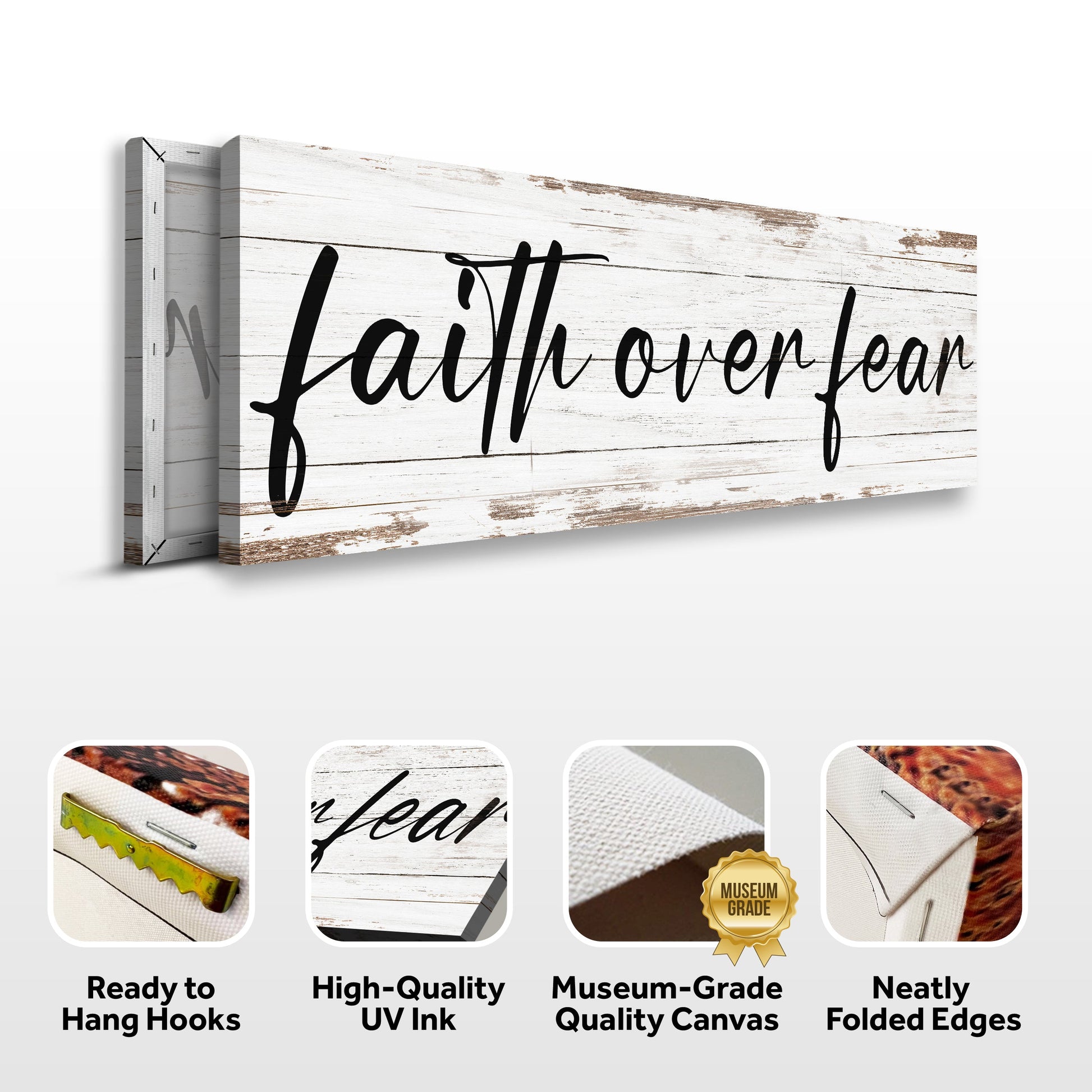 Faith Over Fear Faith Sign canvas by Tailored Canvases on rustic whitewashed wood background on Tampa Home & Garden Store