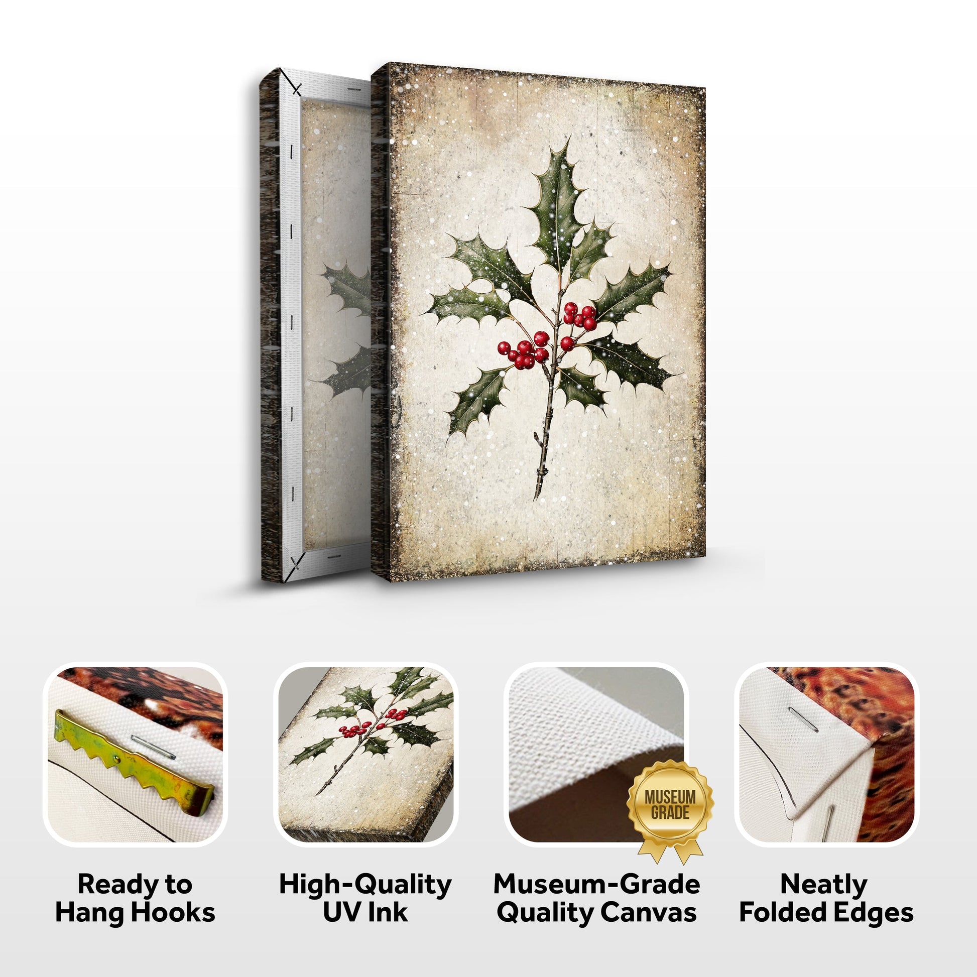 Christmas Holly Wall Art II canvas by Tailored Canvases with holly sprigs on beige backdrop on Tampa Home & Garden Store
