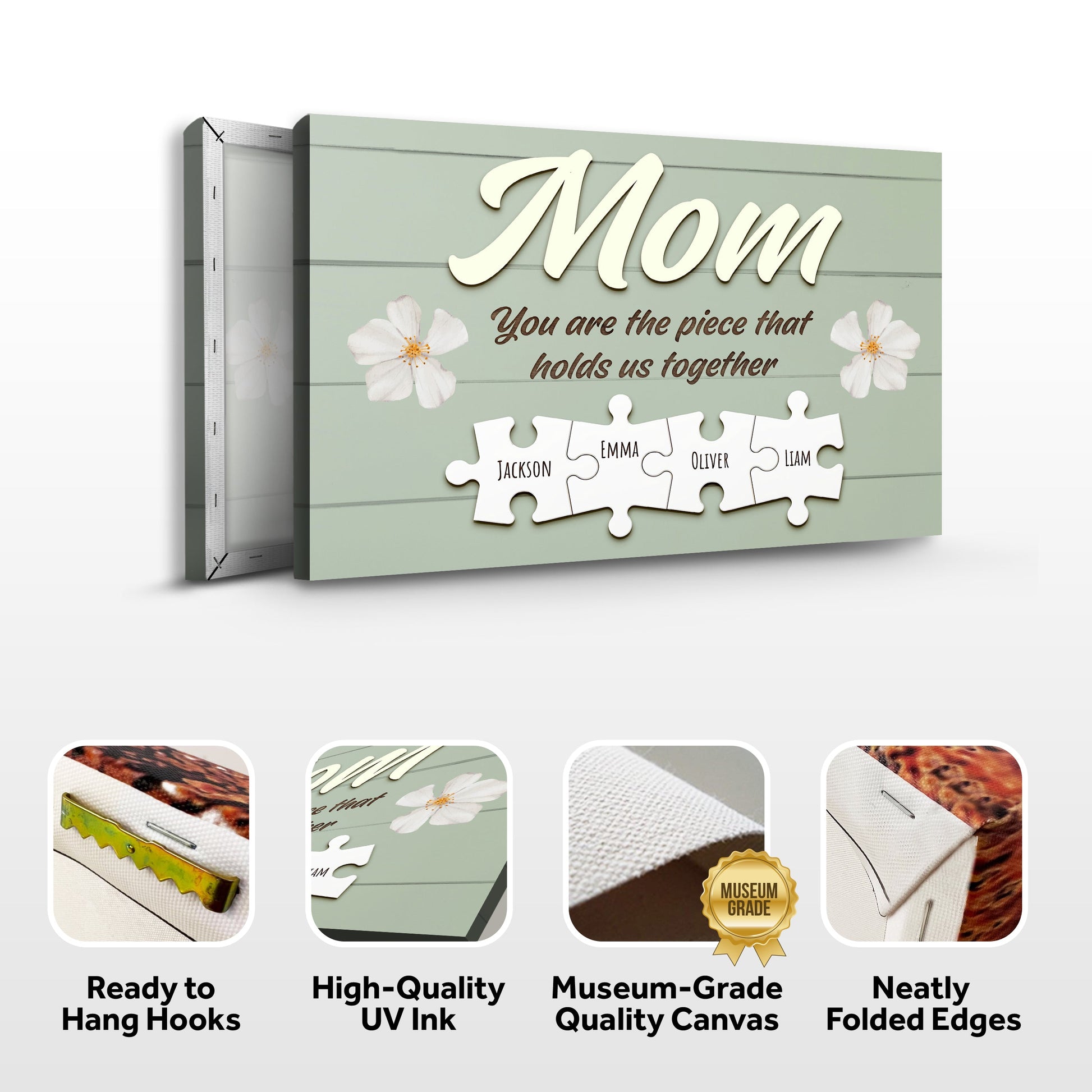 Mother's Day Sign Canvas by Tailored Canvases with pastel green backdrop puzzle-piece names on Tampa Home & Garden Store