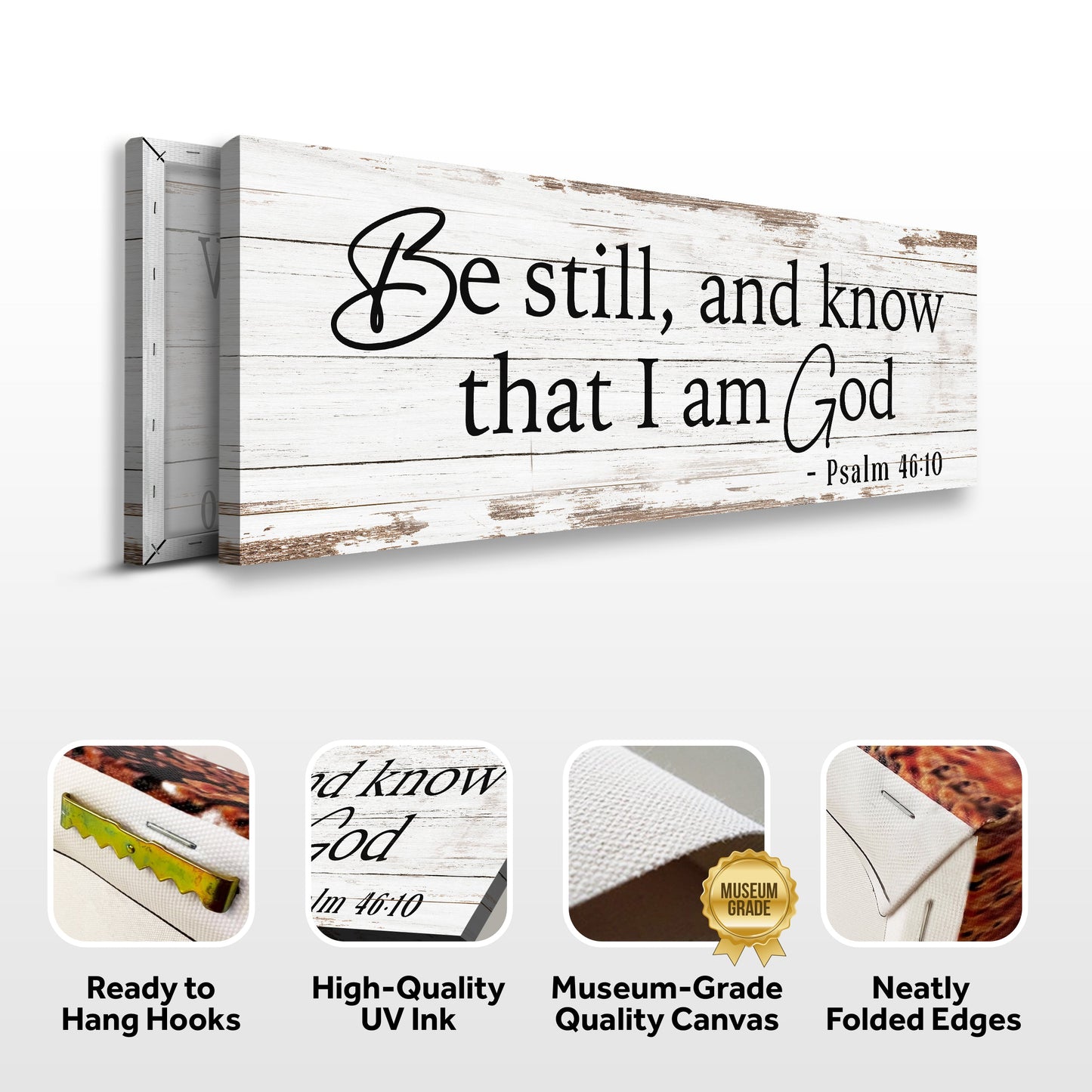 Be Still And Know That I Am God Psalm 46:10 canvas sign rustic wood with black script on Tampa Home & Garden Store