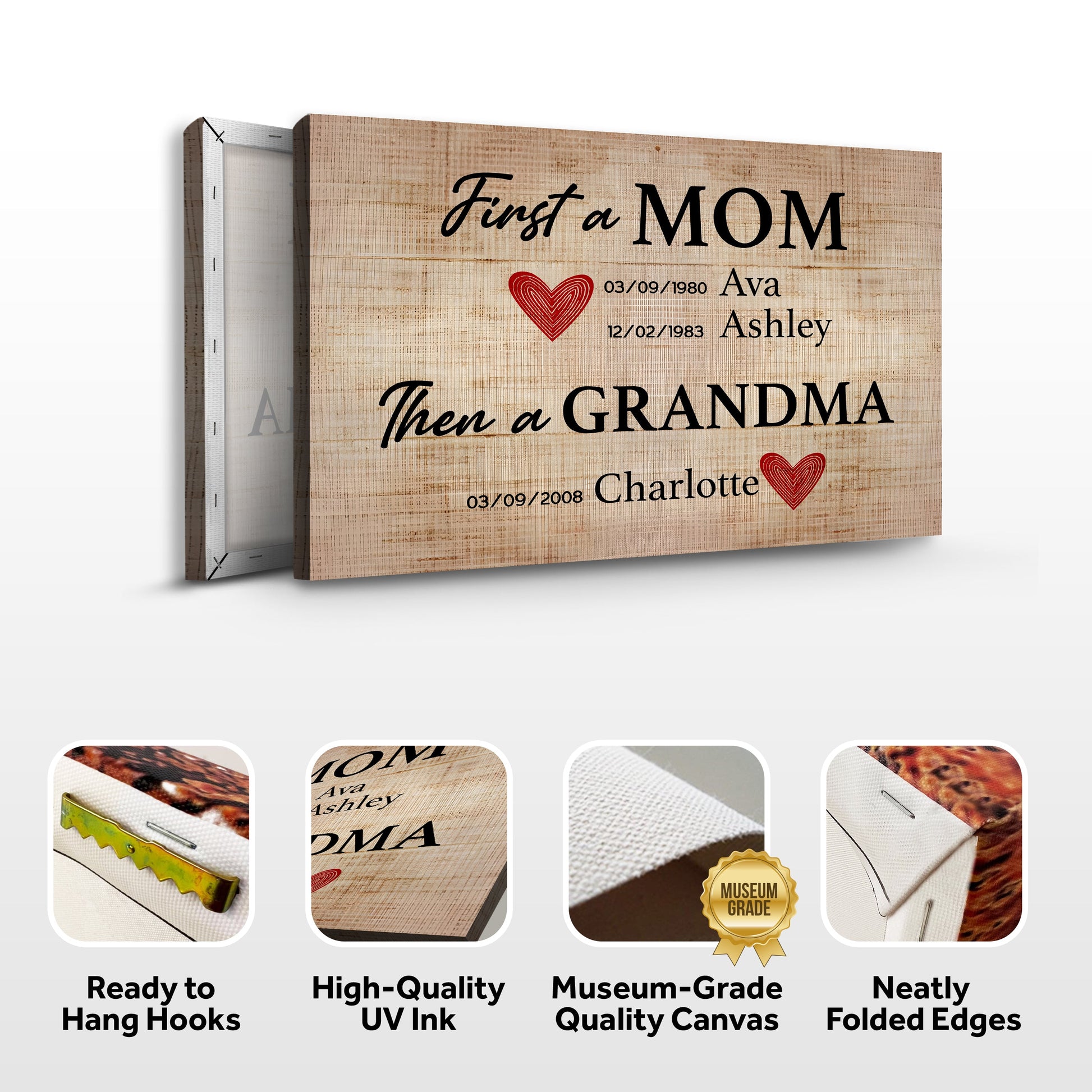 Canvas sign First a MOM with heart motif on wood grain background by Tailored Canvases on Tampa Home & Garden Store