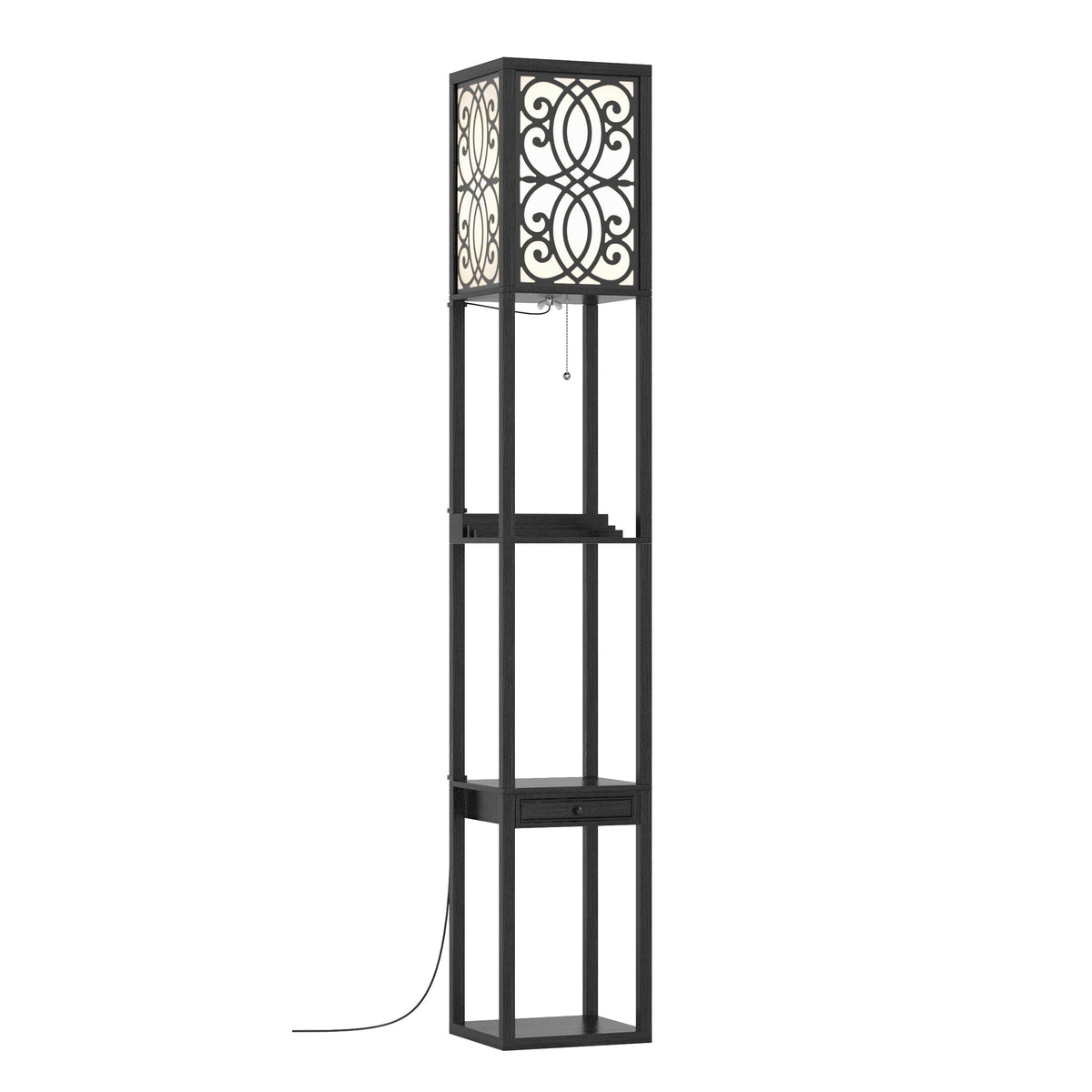 Modern standing shelf lamp in black metal with fret panels and pull-chain switch on Tampa Home & Garden Store