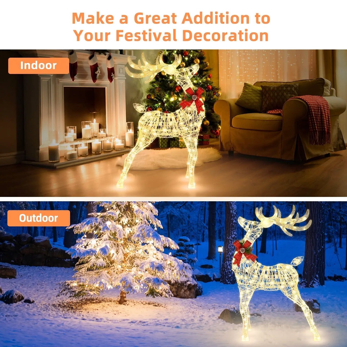 Lighted standing reindeer with stakes, white wire frame, warm LEDs, DirectDeals holiday ornament on Tampa Home & Garden Store