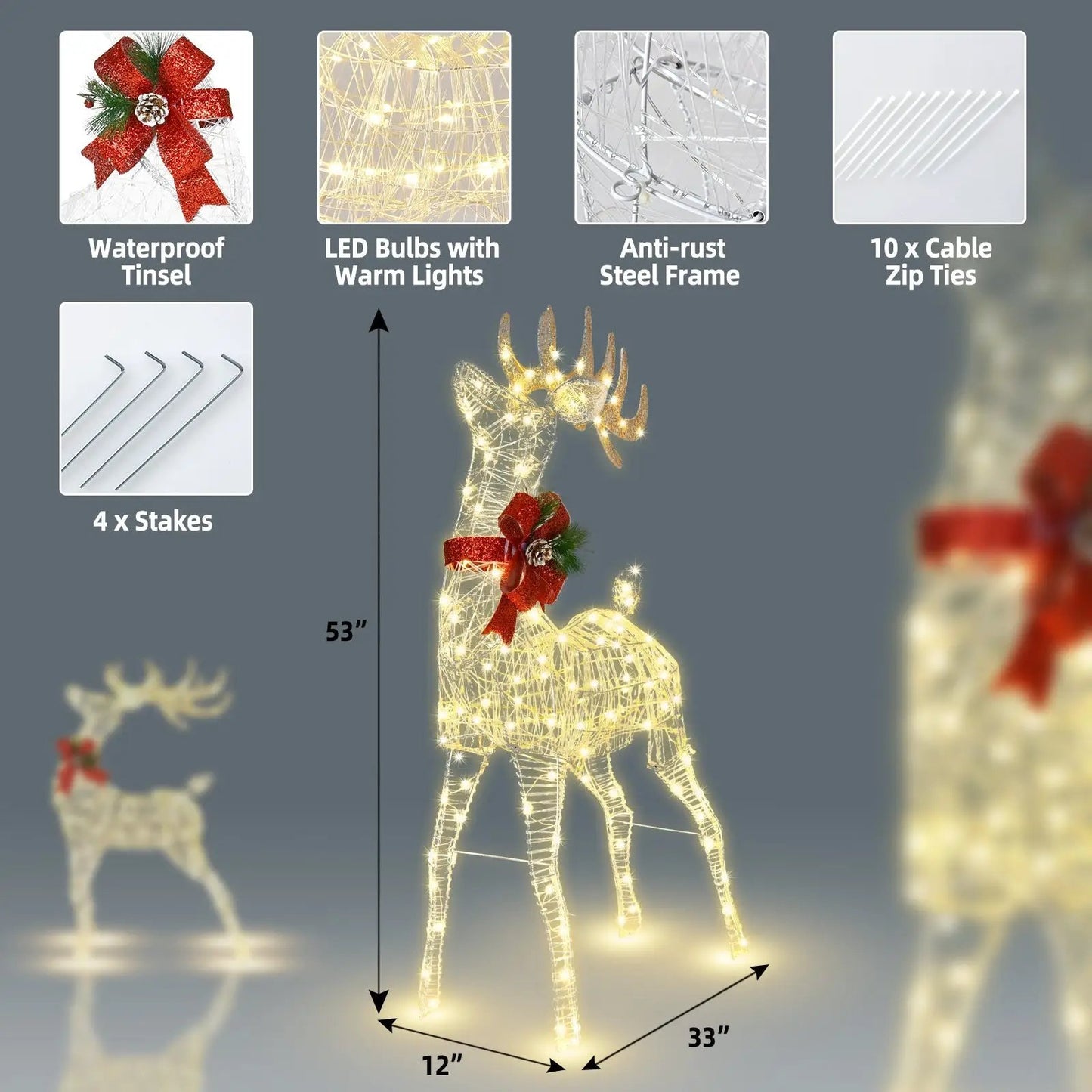 DirectDeals Lighted Reindeer, gold wireframe, warm LED lights and red bow, 53in tall on Tampa Home & Garden Store