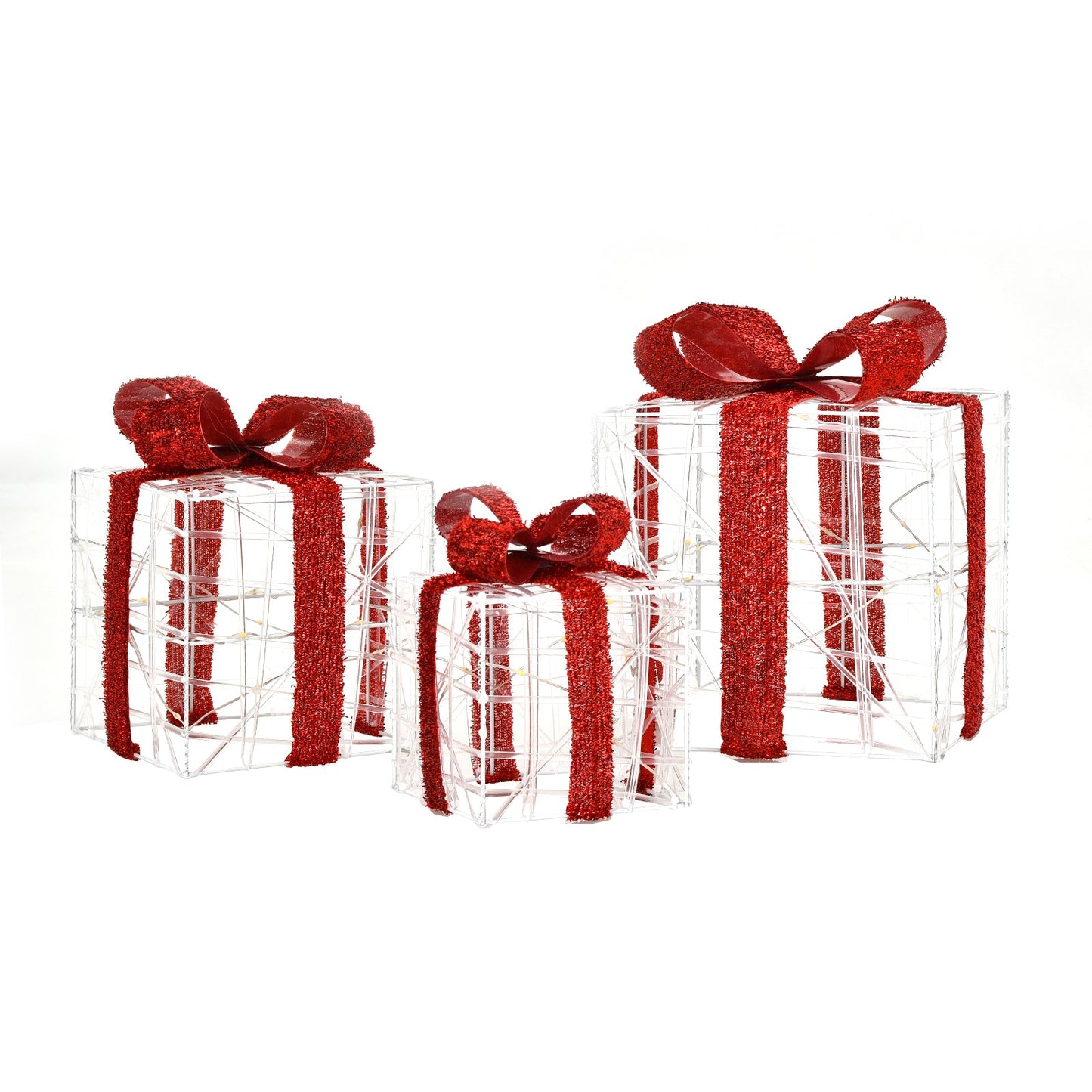 3-piece clear gift box set with red glitter ribbons and 60 LED lights for indoor/outdoor use on Tampa Home & Garden Store
