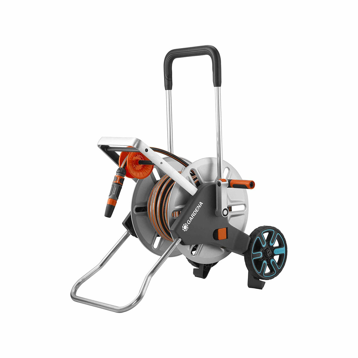 Gardena metal hose cart with 82 ft ½ in hose, sturdy frame, easy hose guide, teal wheels on Tampa Home & Garden Store