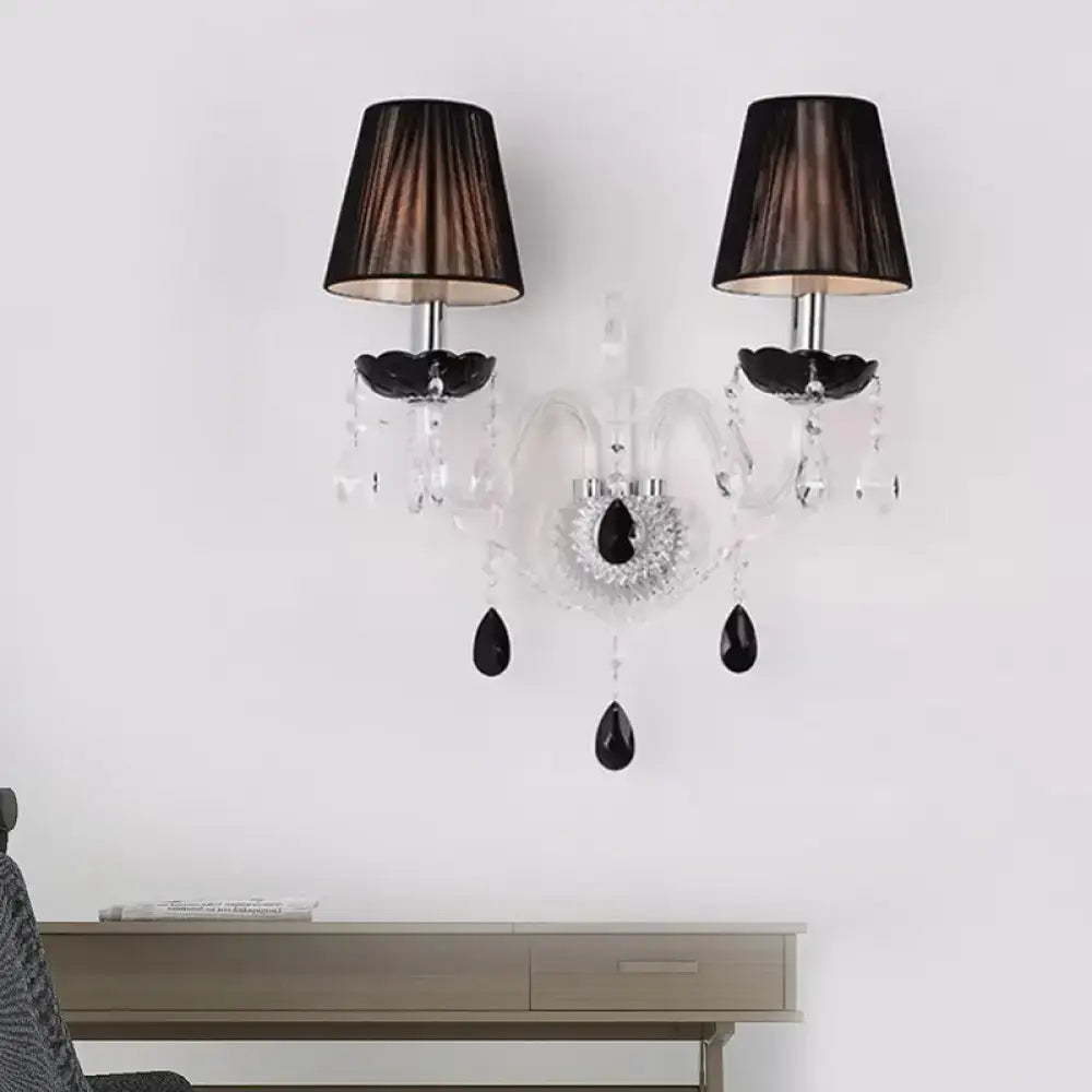 Black Crystal Pleated Linen Sconce by Decorbites, dual lamps with crystal drops on Tampa Home & Garden Store