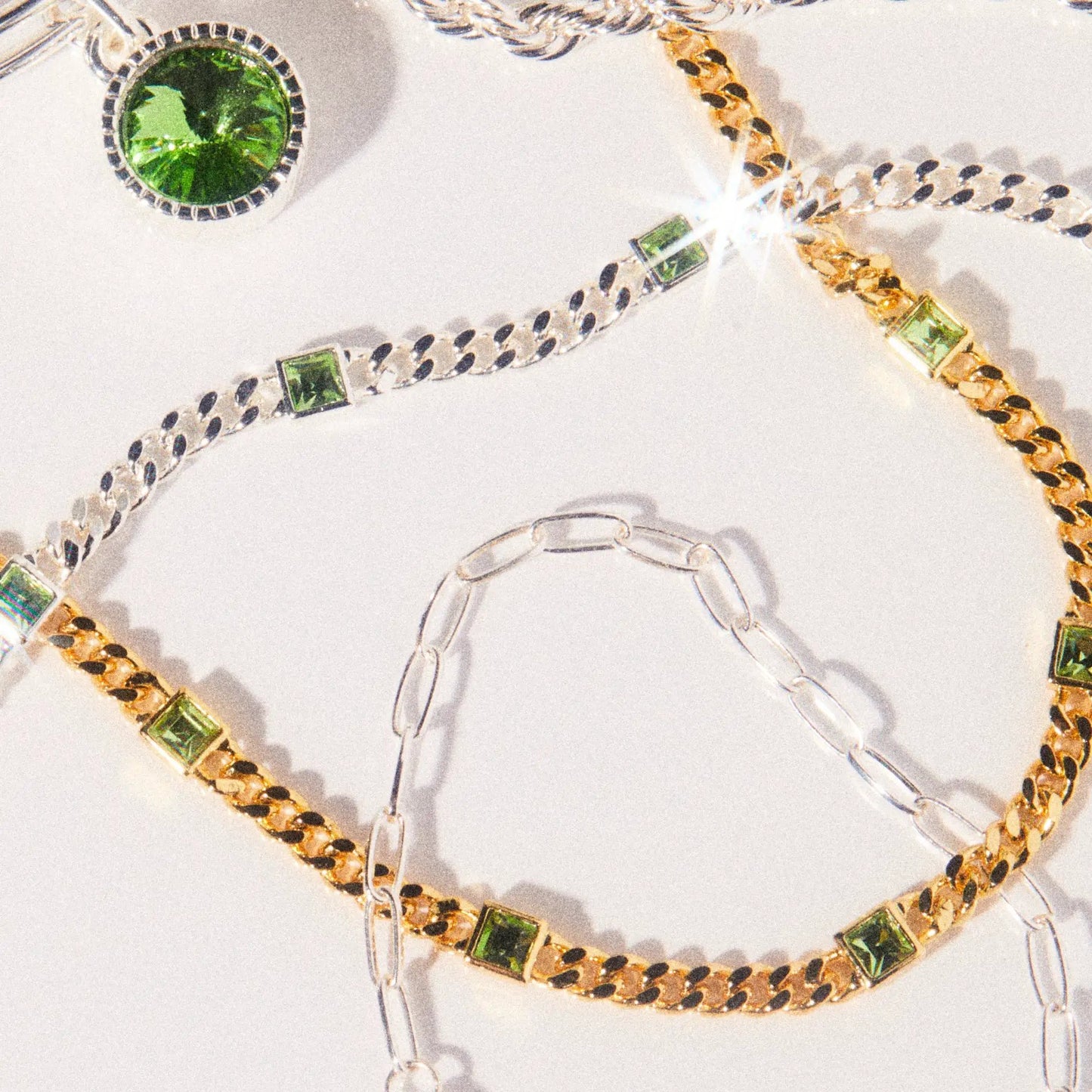 August Birthstone Peridot Curb Chain Bracelet with green stones on mixed-metal chains on Tampa Home & Garden Store