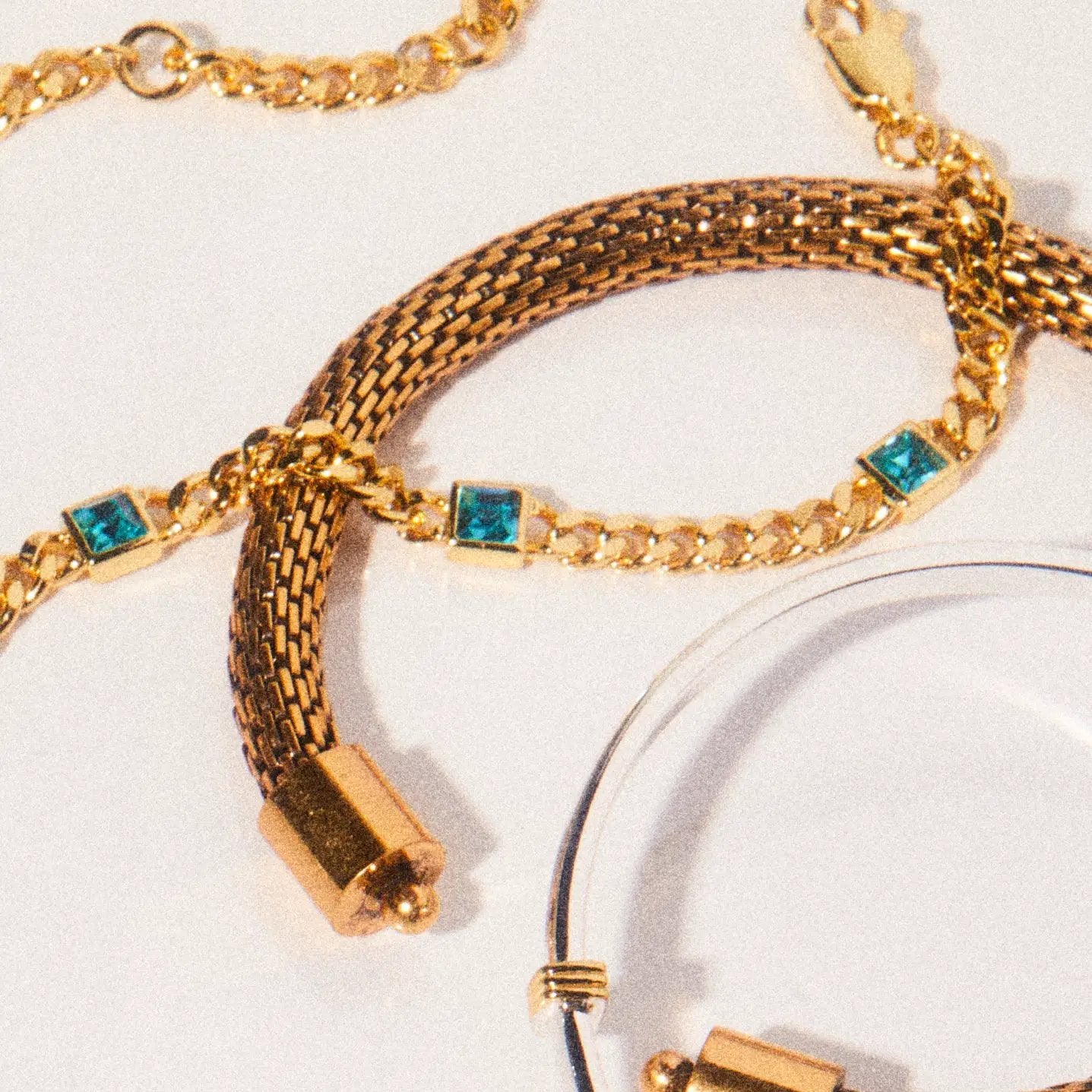 Bracelet: March Birthstone Aquamarine Curb Chain by ALEX AND ANI, teal stones on goldtone chain on Tampa Home & Garden Store