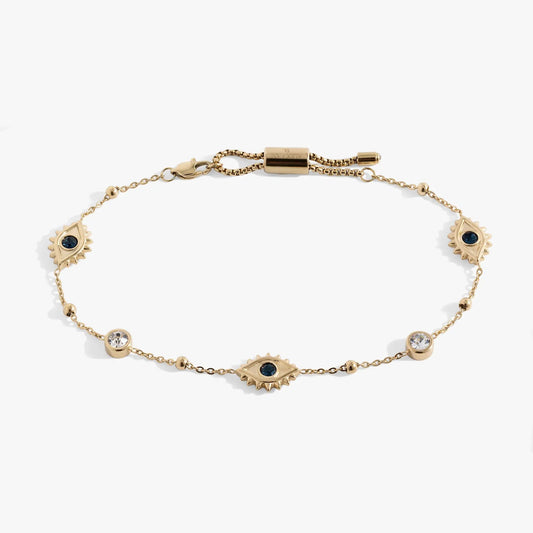 Gold-tone anklet with sunburst evil eye charms and blue crystal centers ALEX AND ANI on Tampa Home & Garden Store