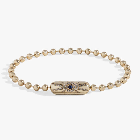 Evil Eye Barrel Closure Bracelet gold-tone beads with jeweled Hamsa centerpiece and blue eye on Tampa Home & Garden Store