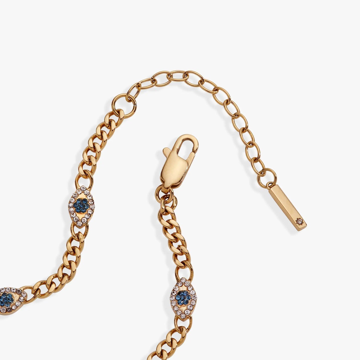 Evil Eye Curb Chain Inline Bracelet by Alex and Ani, gold-tone with blue eye pendant on Tampa Home & Garden Store