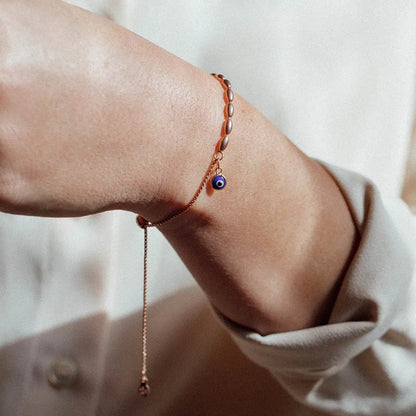 Evil Eye Pull Chain Bracelet by ALEX AND ANI in rose gold with blue eye charm on Tampa Home & Garden Store