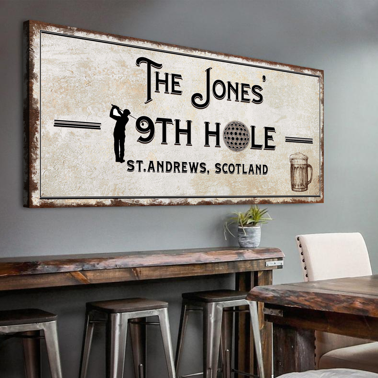 Canvas sign The Jones 9th Hole with golfer silhouette, rustic border Tailored Canvases on Tampa Home & Garden Store