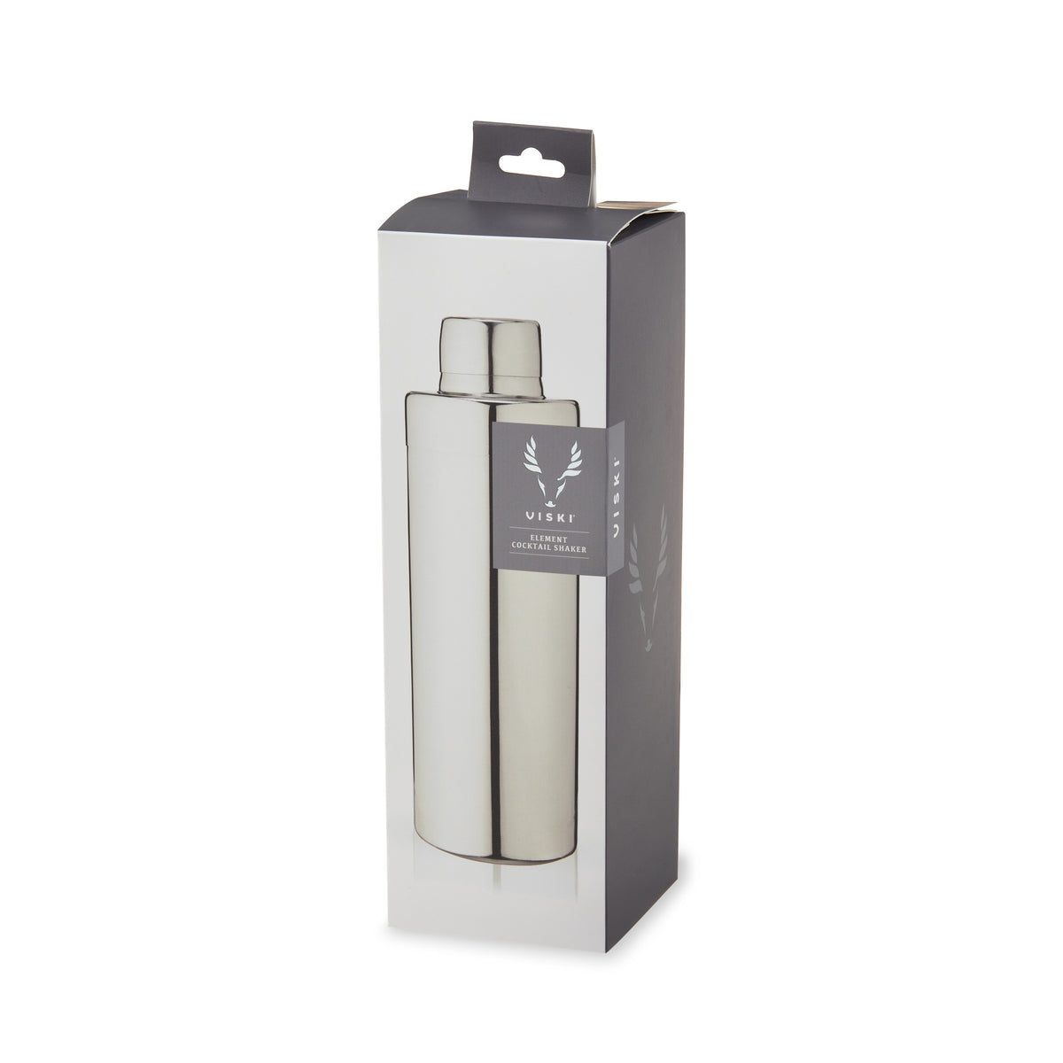 Harrison Element Cocktail Shaker by Viski on gray packaging with metal shaker image on Tampa Home & Garden Store