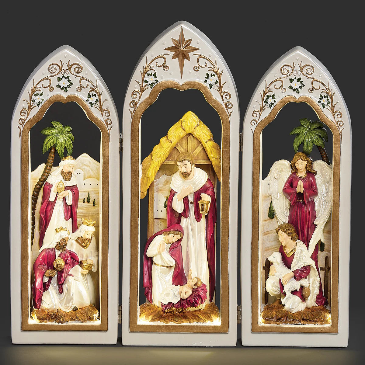 Lighted Holy Family Triptych Nativity Set with pearlized finish; 3-panel display on Tampa Home & Garden Store