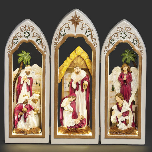 Lighted Holy Family Triptych Nativity Set with pearlized finish; 3-panel display on Tampa Home & Garden Store