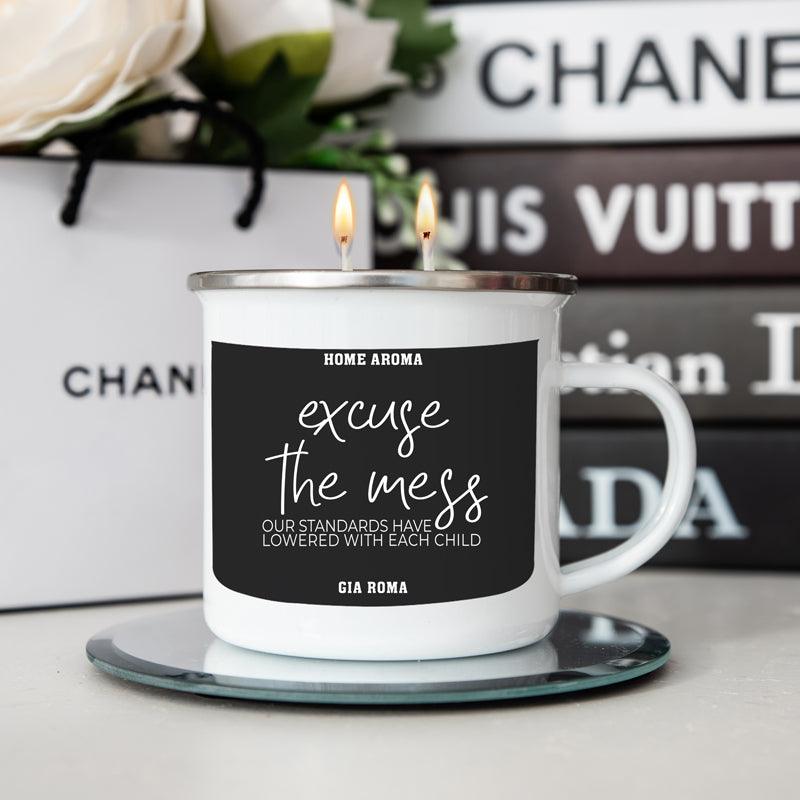 16oz Gia Roma Candle Mug, white ceramic with rim, black label excuse the mess and wicks on Tampa Home & Garden Store