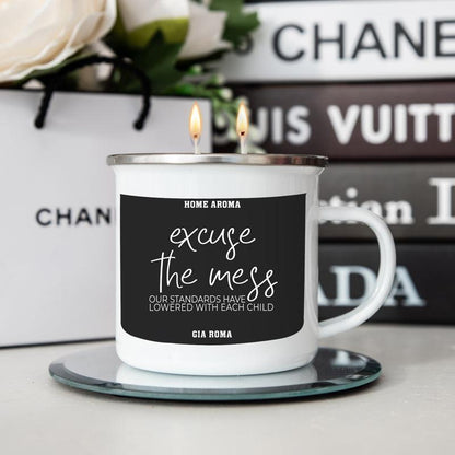 16oz Gia Roma Candle Mug, white ceramic with rim, black label excuse the mess and wicks on Tampa Home & Garden Store