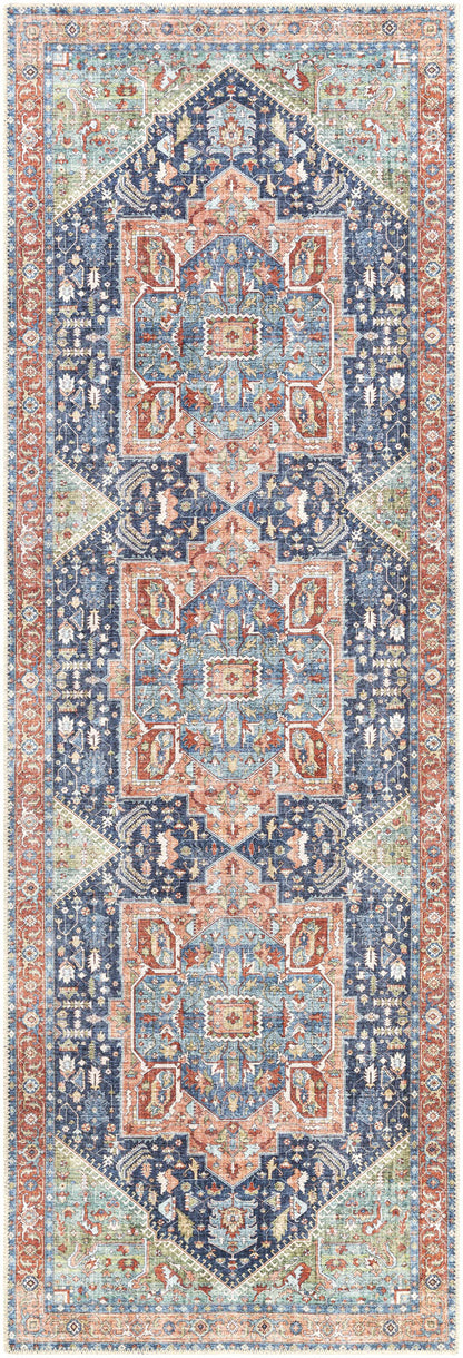 Exira washable area rug by Boutique Rugs with navy, coral and teal ornate medallion motif on Tampa Home & Garden Store