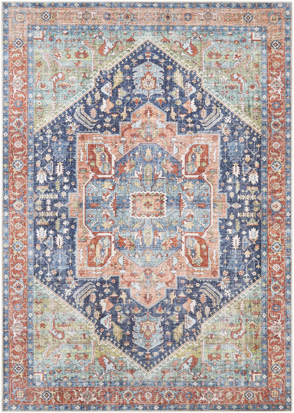 Exira washable area rug with navy center and coral border in oriental medallion design on Tampa Home & Garden Store