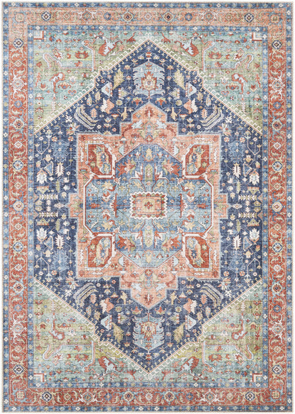 Exira washable area rug with navy center and coral border in oriental medallion design on Tampa Home & Garden Store