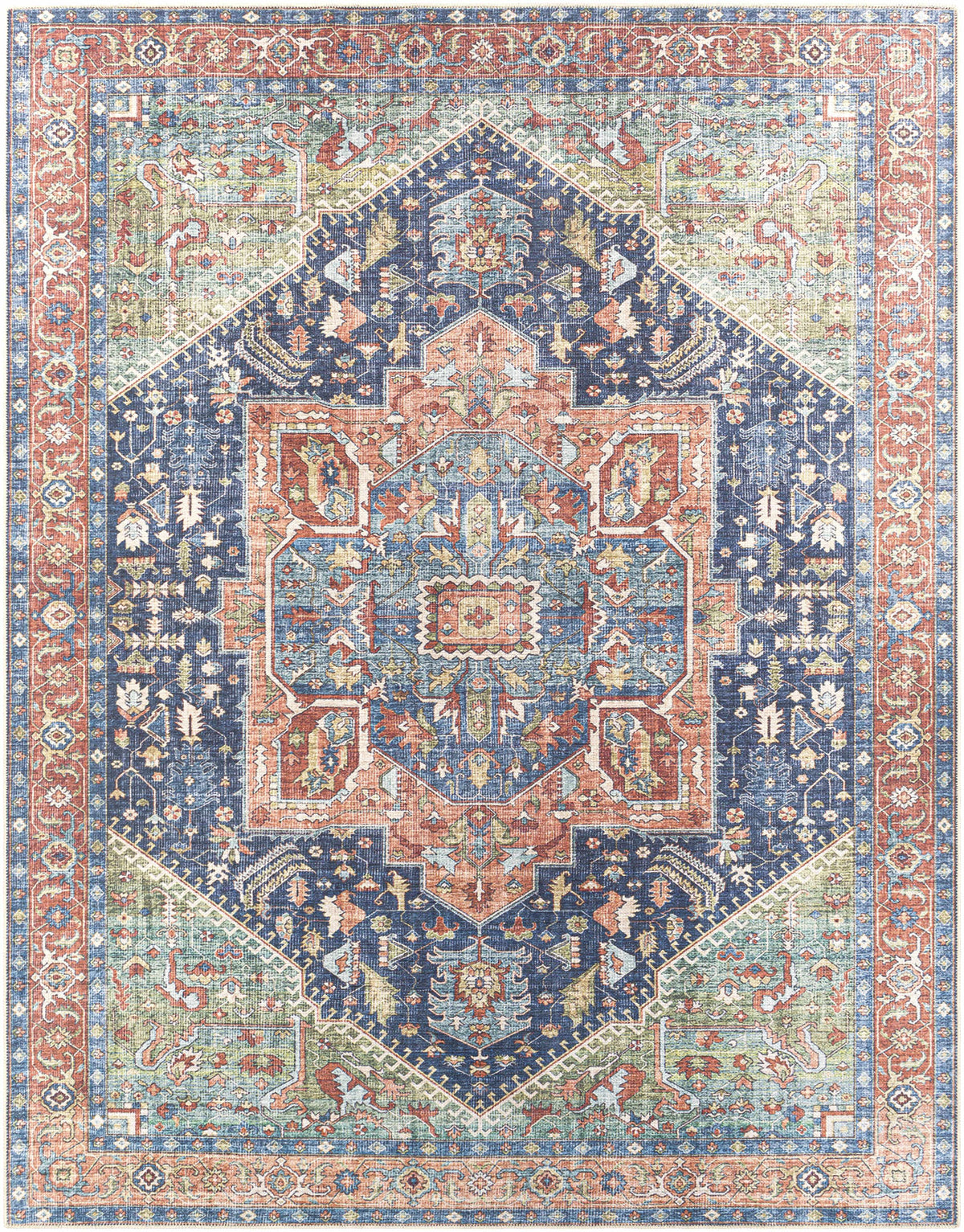 Exira washable area rug by Boutique Rugs with navy field, red border ornate medallion on Tampa Home & Garden Store
