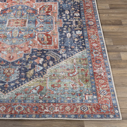 Exira Washable Area Rug Boutique Rugs blue red ivory oriental pattern with fringe on wood floor on Tampa Home & Garden Store