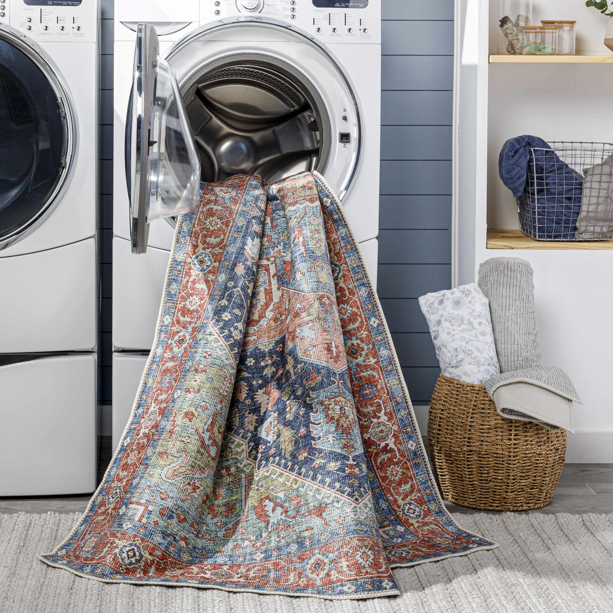 Exira Washable Area Rug by Boutique Rugs featuring red blue cream oriental motif on Tampa Home & Garden Store