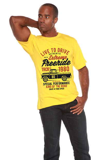 Extreme Freeride bamboo tee in yellow with truck print by Spun Bamboo on Tampa Home & Garden Store