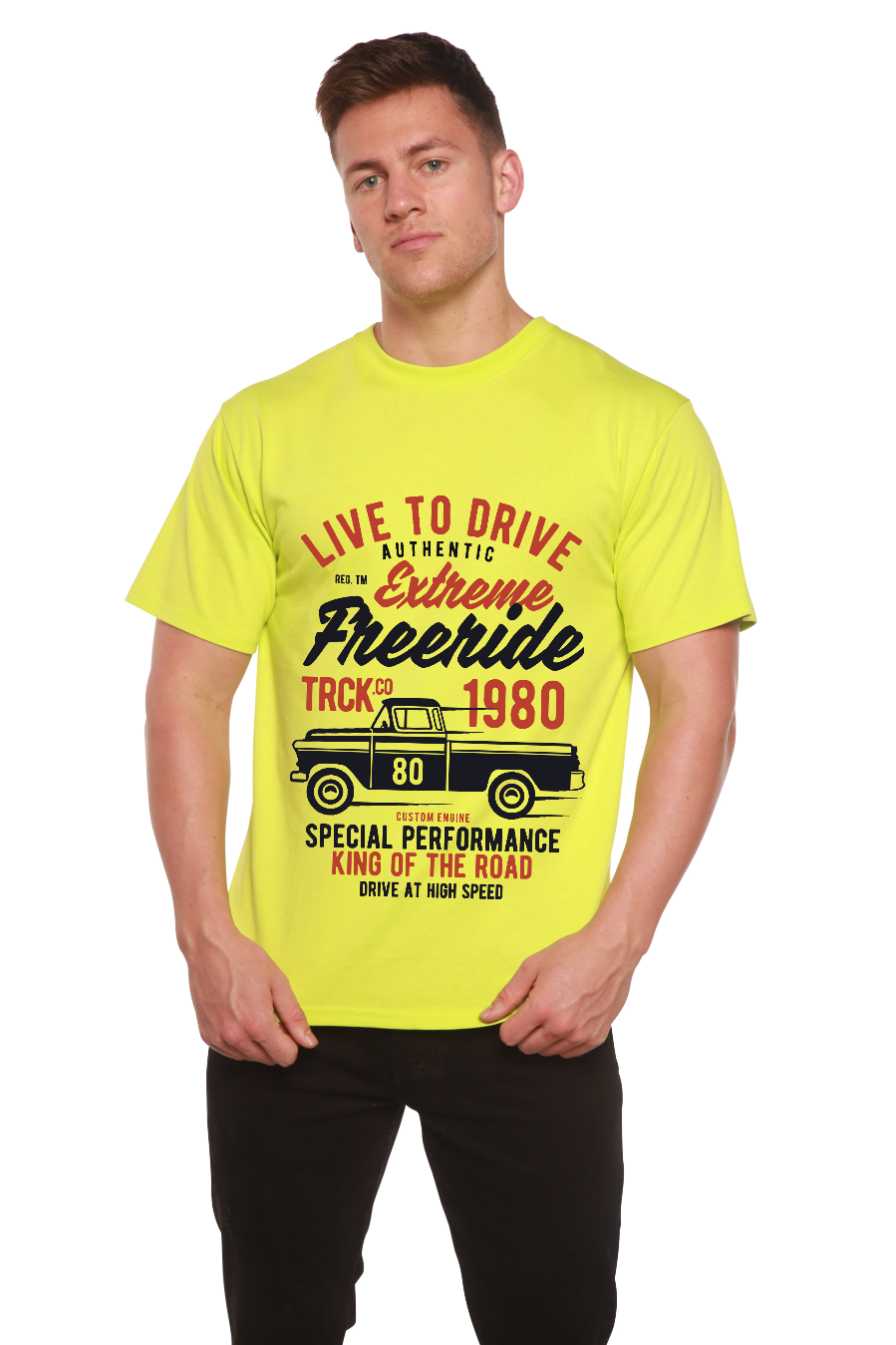 Extreme Freeride men's neon yellow bamboo graphic tee with truck print by Spun Bamboo on Tampa Home & Garden Store