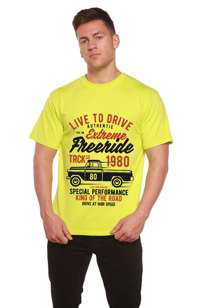 Extreme Freeride men's neon yellow bamboo graphic tee with truck print by Spun Bamboo on Tampa Home & Garden Store