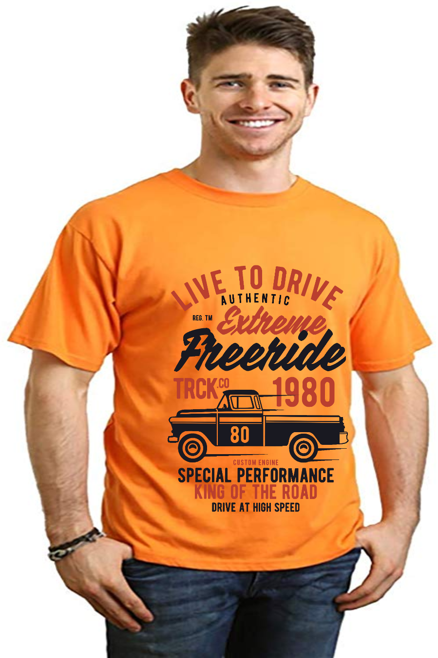 Orange men's graphic tee in bamboo viscose/organic cotton with Extreme Freeride truck print on Tampa Home & Garden Store