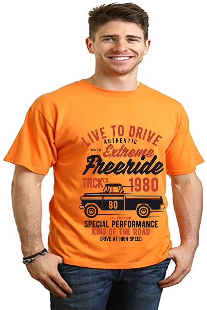 Orange men's graphic tee in bamboo viscose/organic cotton with Extreme Freeride truck print on Tampa Home & Garden Store