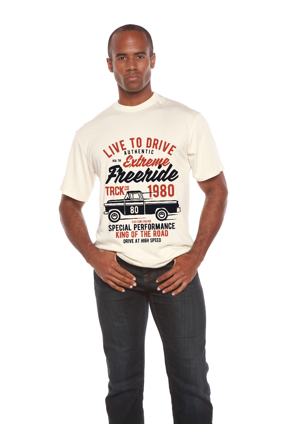 Extreme Freeride men's cream bamboo viscose/organic cotton graphic tee with truck print on Tampa Home & Garden Store
